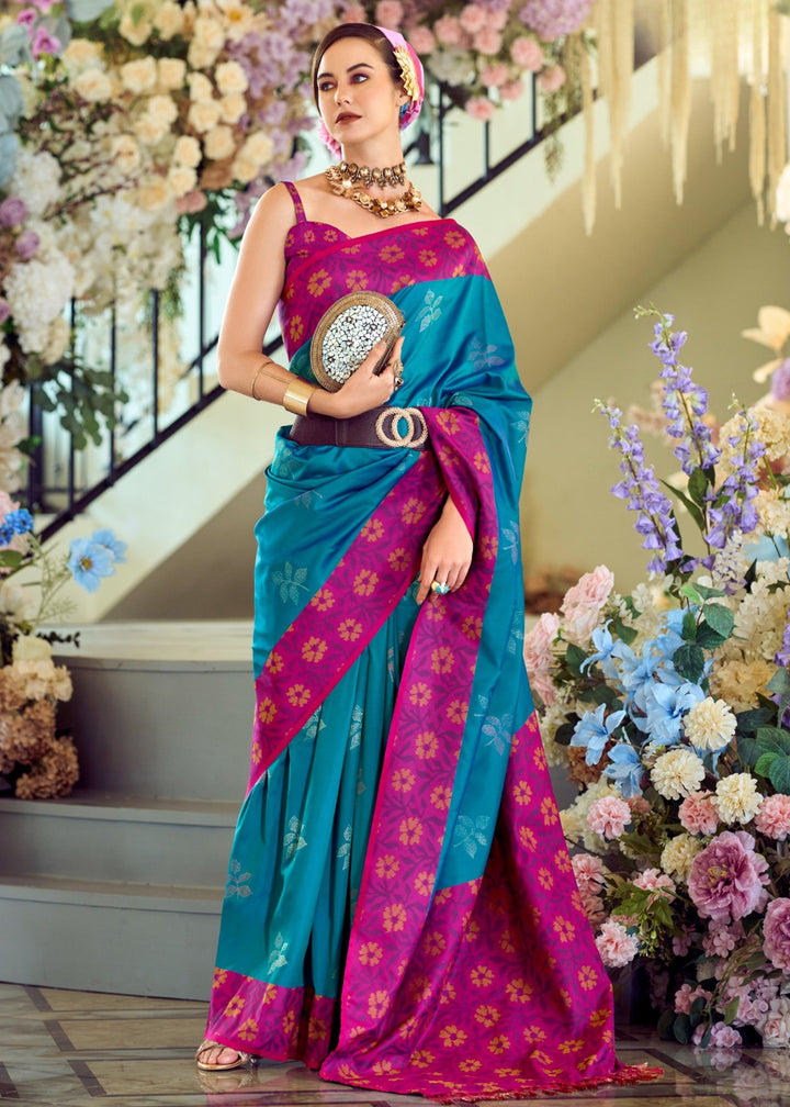 Dodger Blue Soft Silk Saree With Ikkat Border