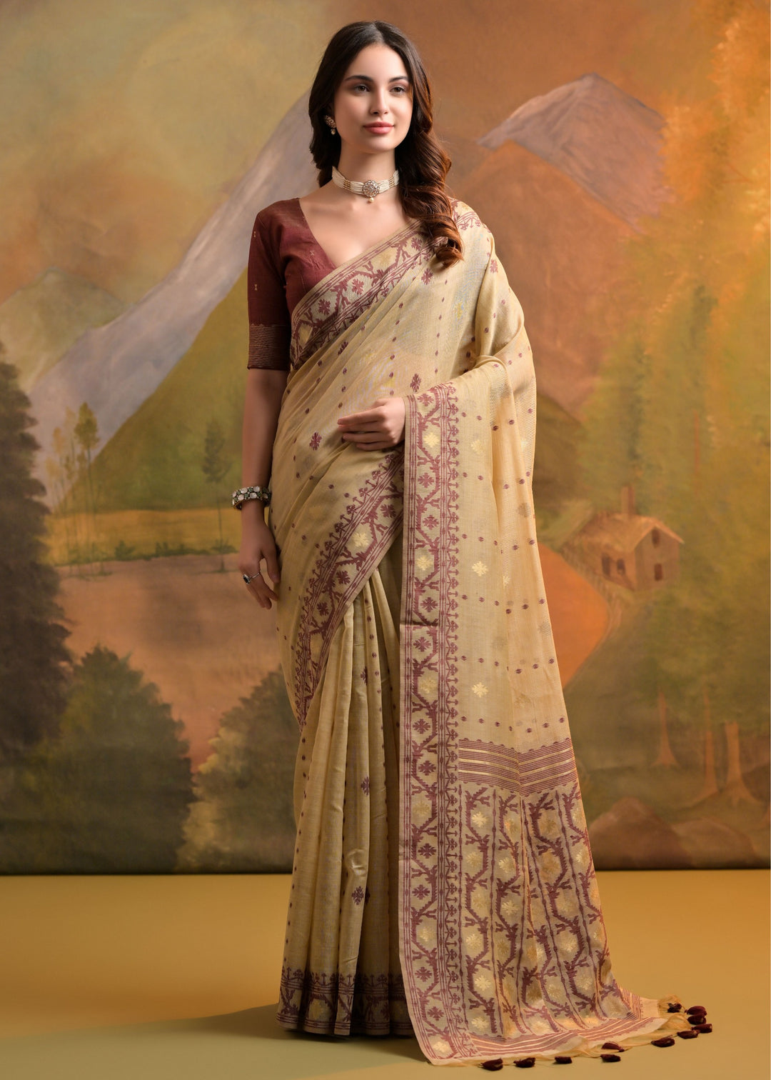 Tan Brown Thread Woven Cotton Saree With All Over Butti