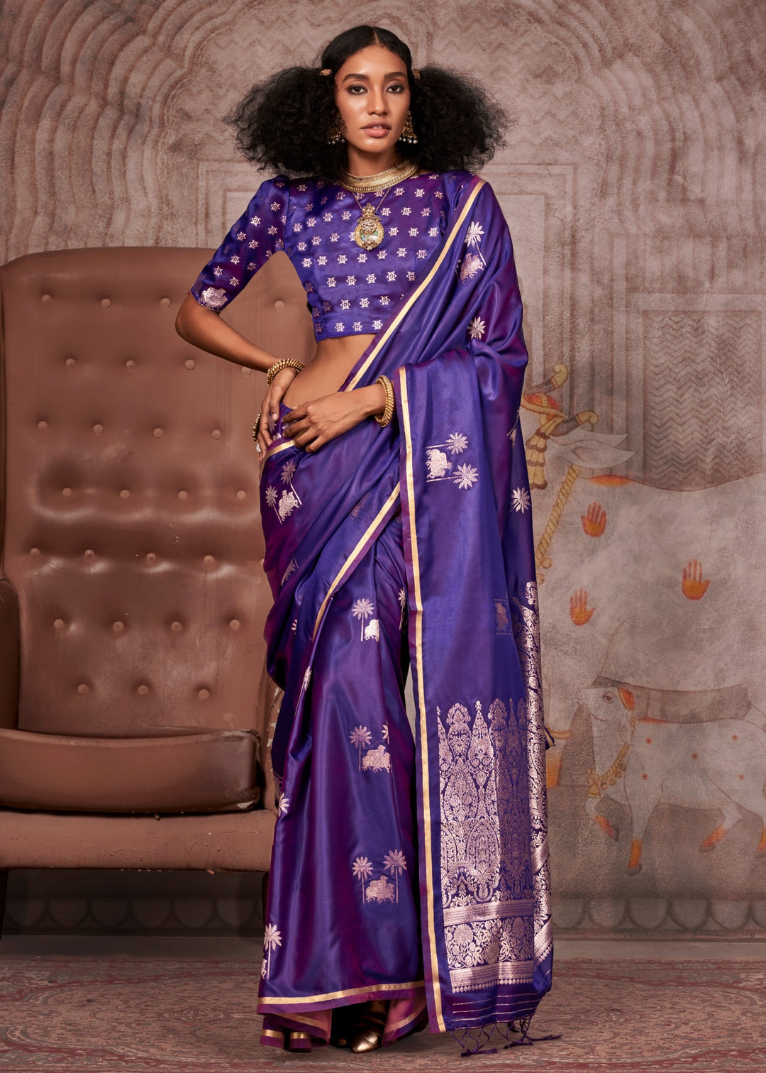 Purple Pure Satin Handloom Weaving Silk Saree