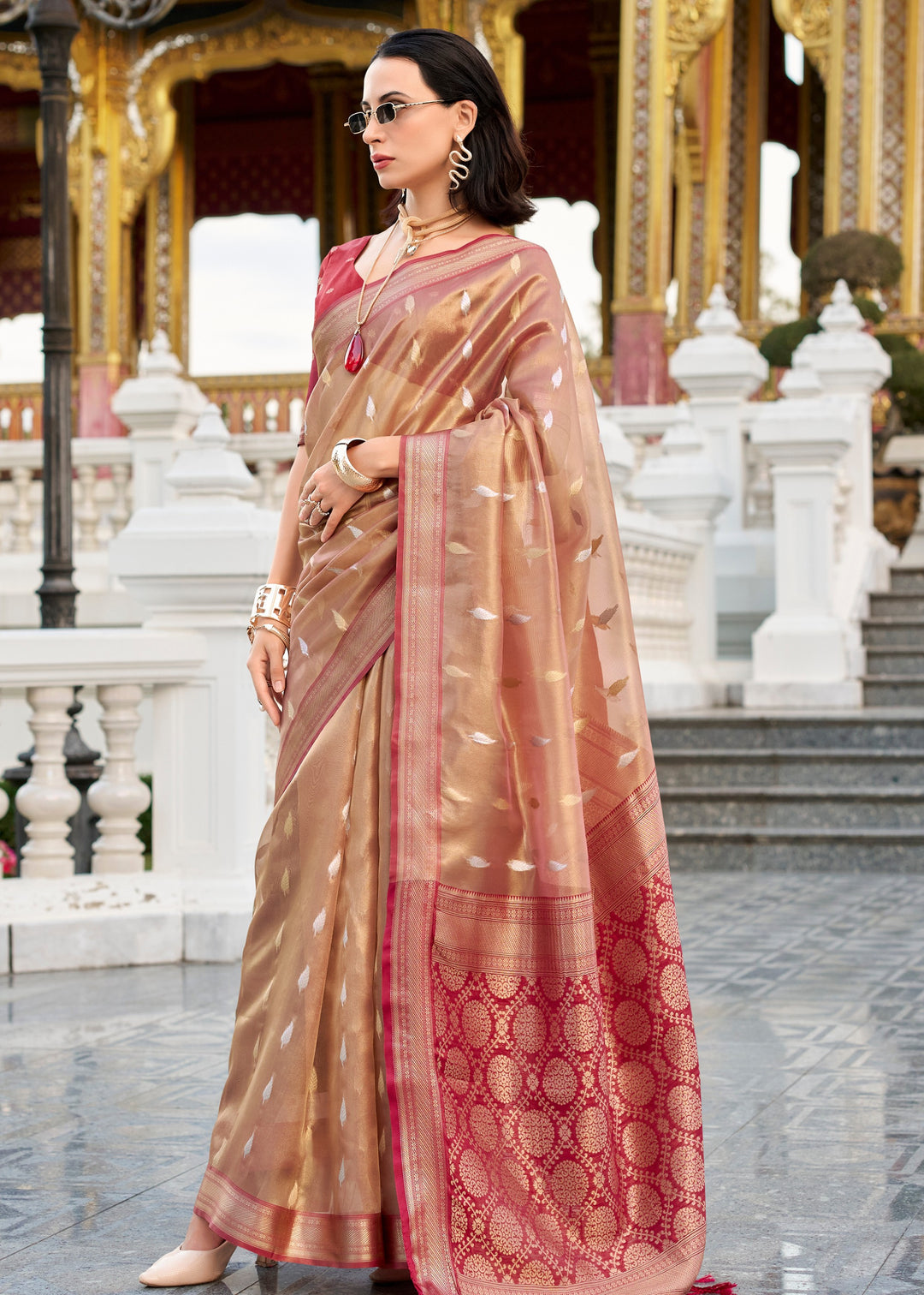 Shades of Red Tissue Silk Saree With Zari Weaving And Contrast Blouse