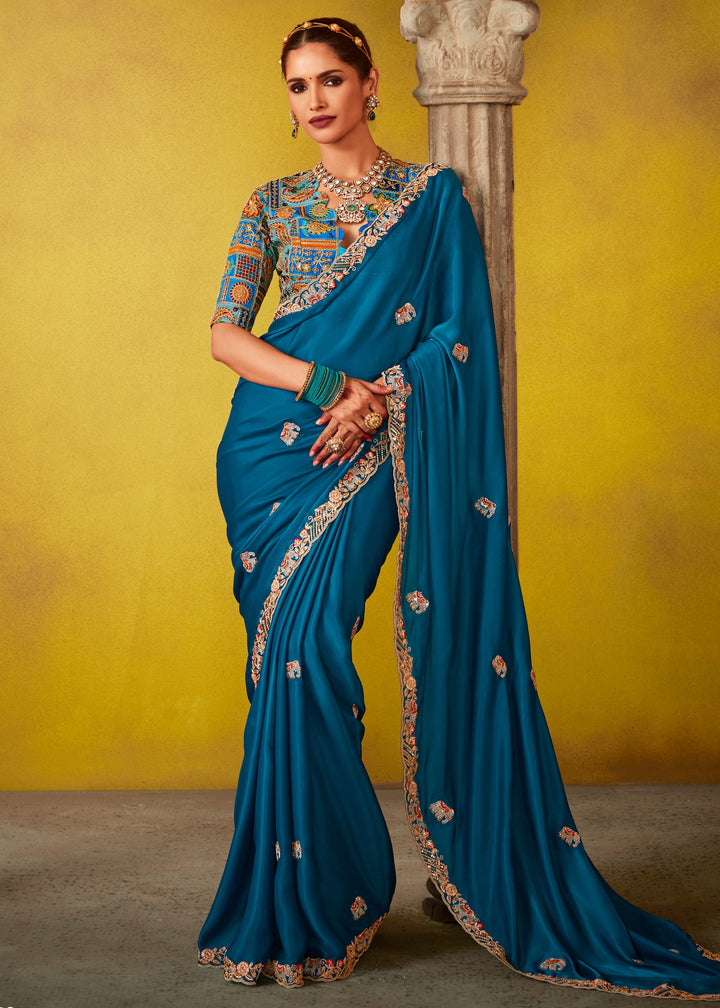 Teal Blue Glass Tissue Silk Saree With Sequins And Thread Embroidered Work