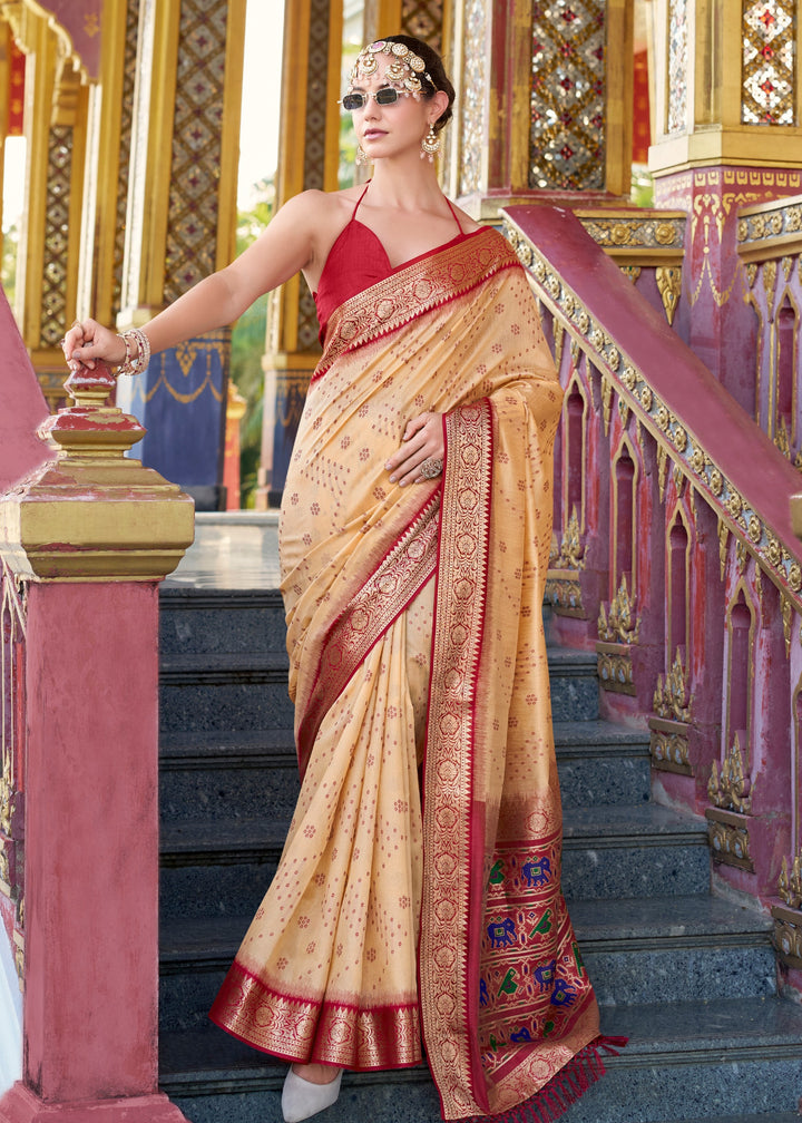 Cream Tusser Handloom Silk Saree With Zari Weaving Border & Patola Weaved Pallu