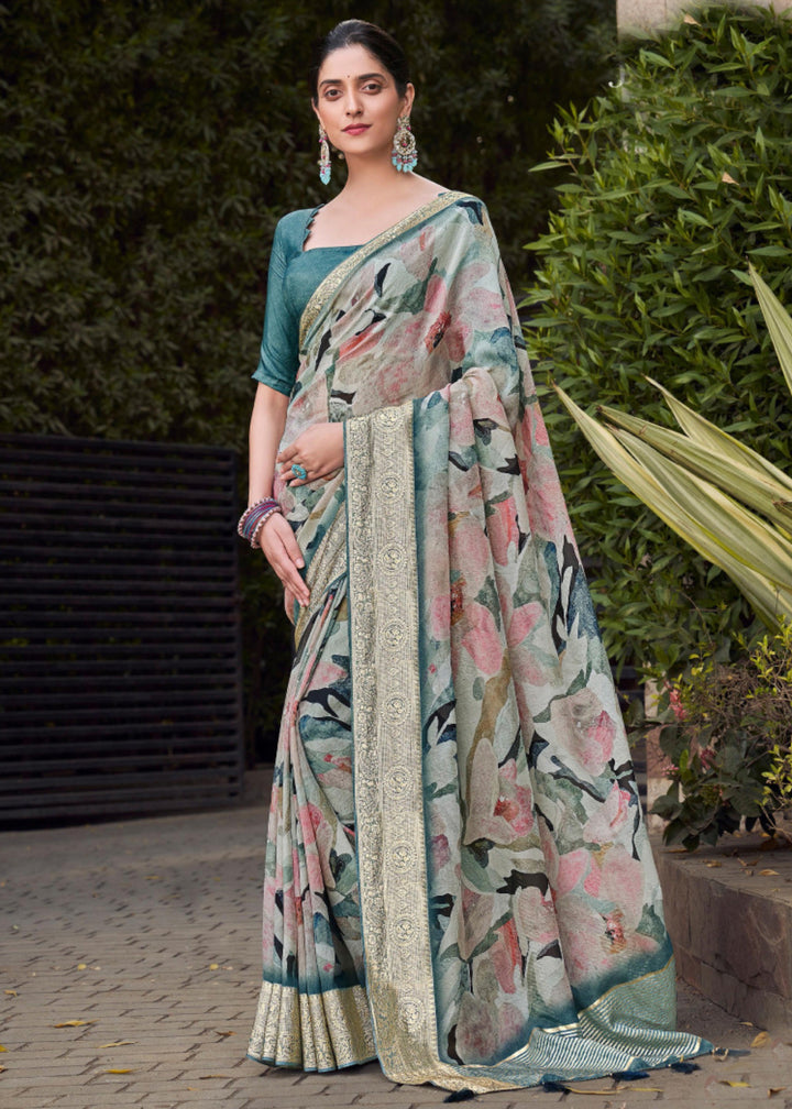 Grey and Blue Floral Printed Silk Saree with Contrast Blouse