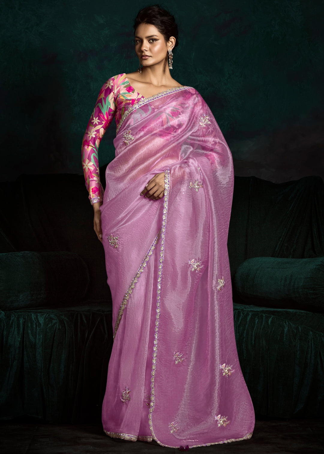 Lavender Purple Fancy Fabric Silk Saree With Sequins And Thread Embroidered Butti Work