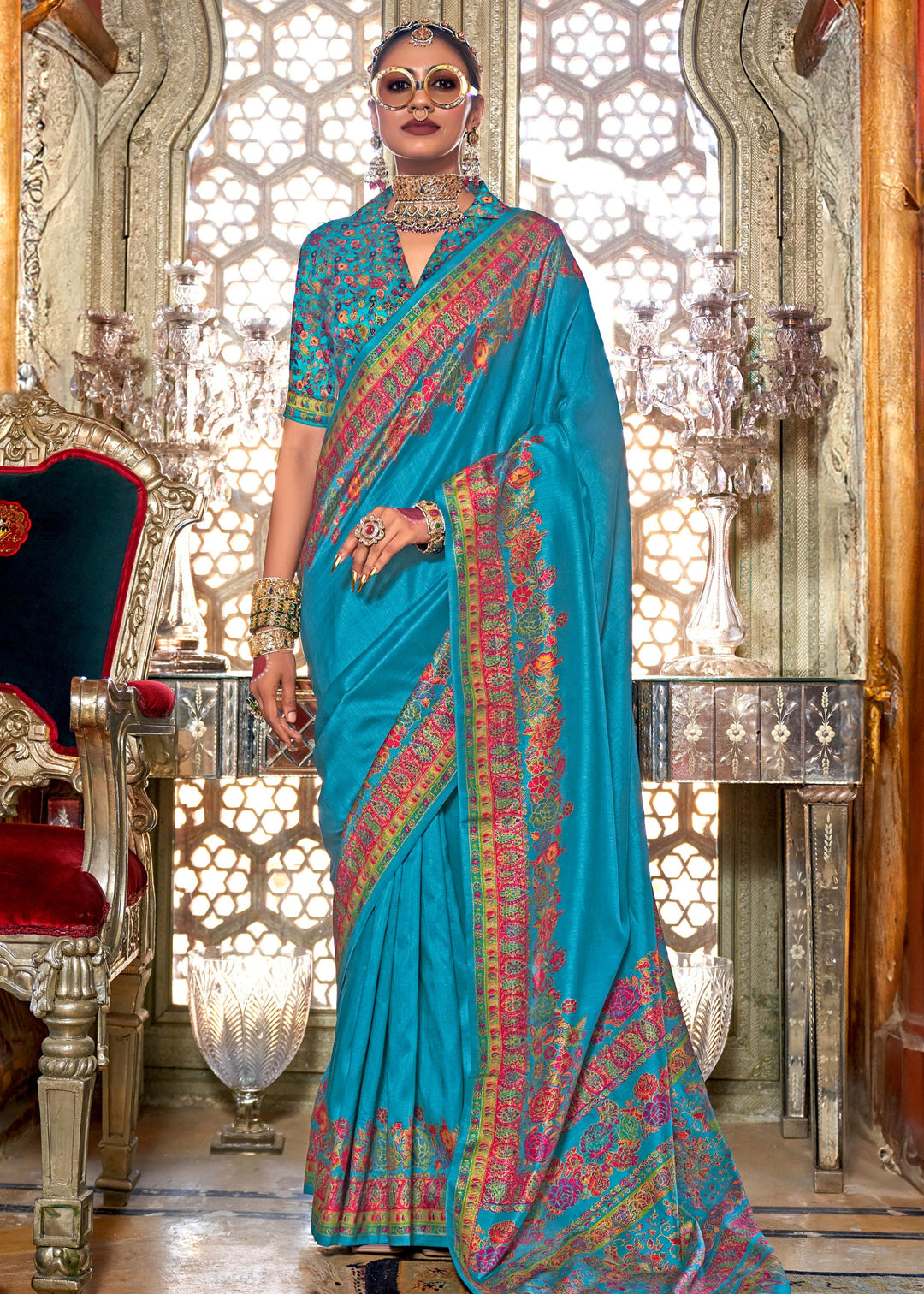 Azure Blue Silk Saree With Luxury Print And Glory Finish