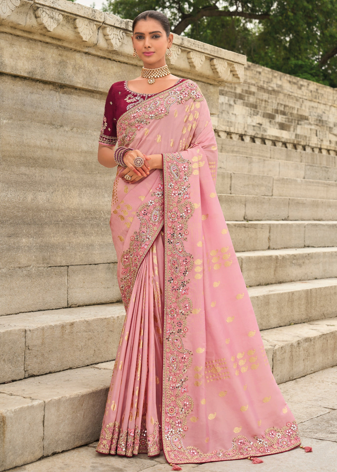 Light Pink Viscose Tissue Silk Saree With Embroidery Cut Work Border And Sequence Work