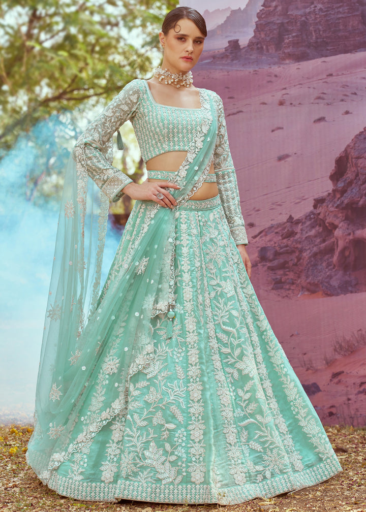 Sea green Organza Sequins embroidery Lehenga