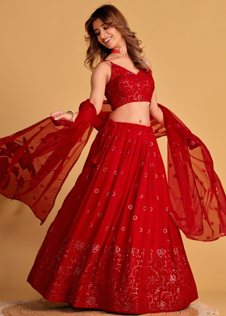 Crimson Red Georgette Lehenga Choli With Sequins Zari Embroidered Work