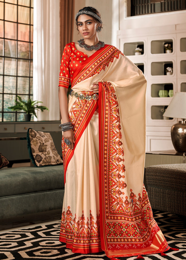 Cream White Tussar Silk Saree With Beautiful Patola Print