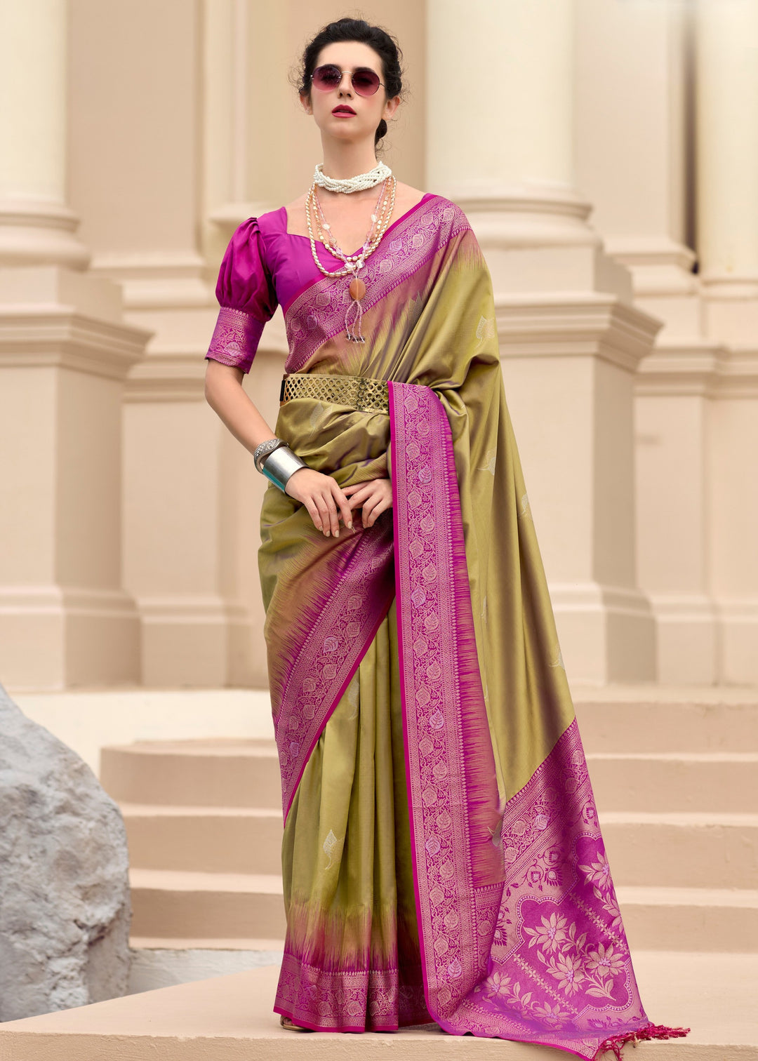 Olive Green Soft Silk Saree with Amazing Zari Weaving