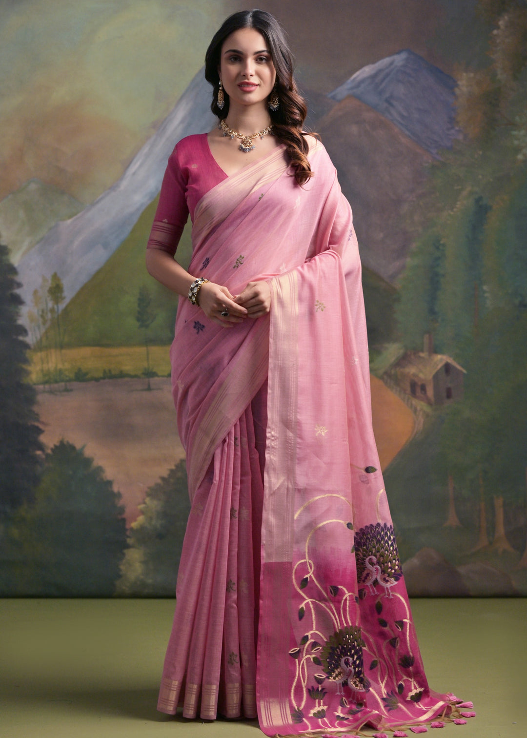 Light Pink Thread Woven Cotton Saree With Contrast Blouse And Pallu