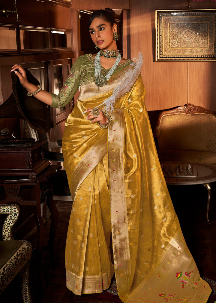 Canary Yellow Pure Tissue Paithani Silk Saree with Heavy Designer Embroidered Blouse