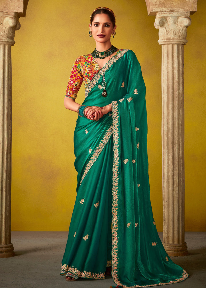 Bottle Green Glass Tissue Silk Saree With Sequins And Thread Embroidered Work