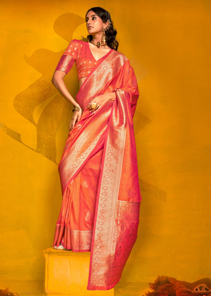 Carrot Orange Two Tone Handloom Weaving Silk Saree