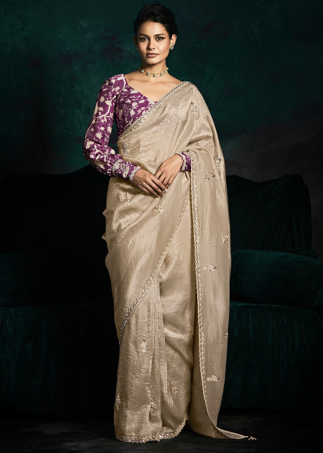 Beige Golden Fancy Fabric Silk Saree With Sequins And Thread Embroidered Butti Work