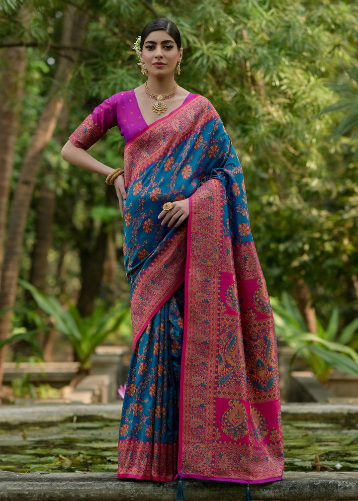 Aegean Blue Thread Woven Pashmina Silk Saree With Heavy Thread Woven Pallu