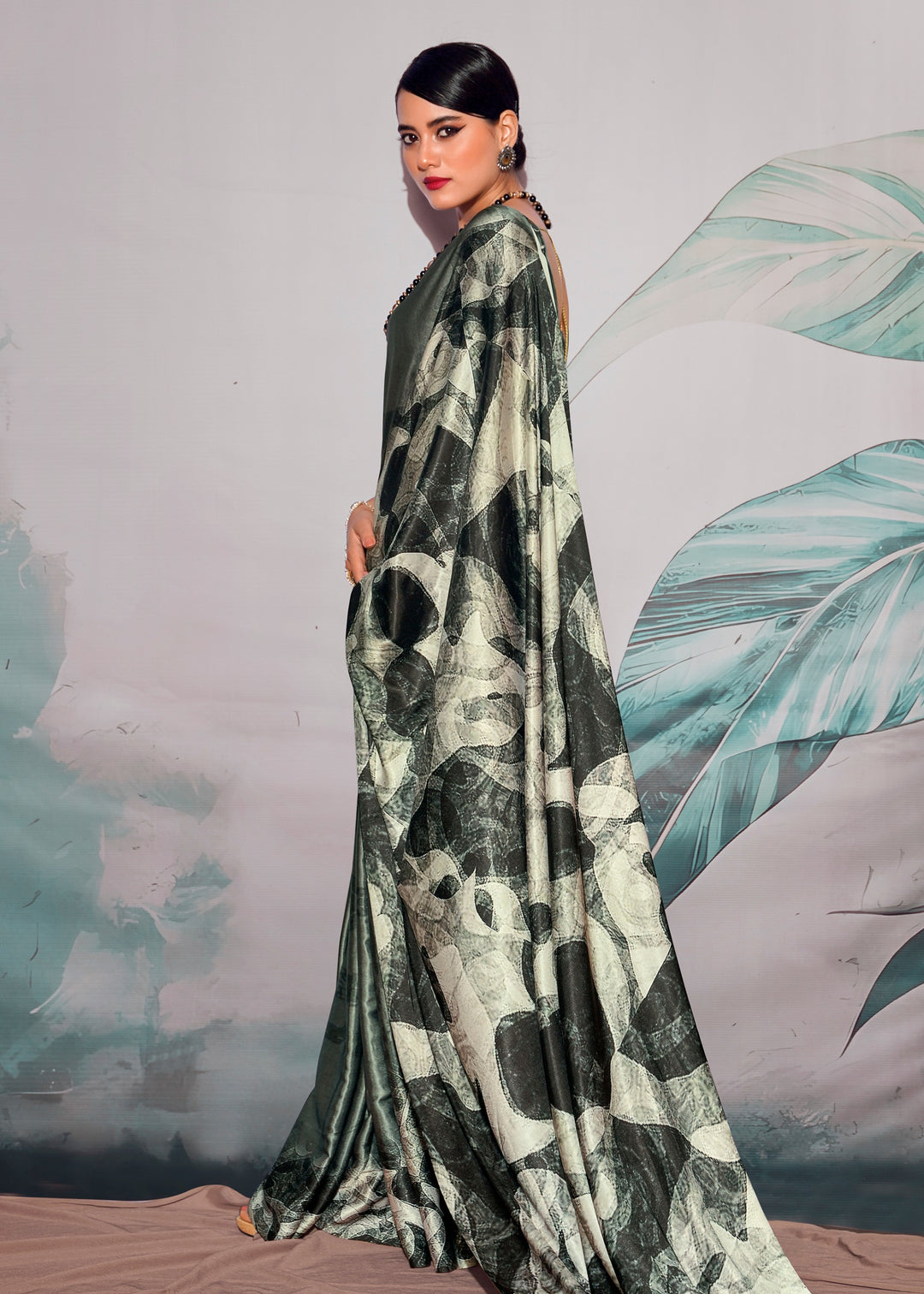 Seaweed Green Satin Crepe With Digital print