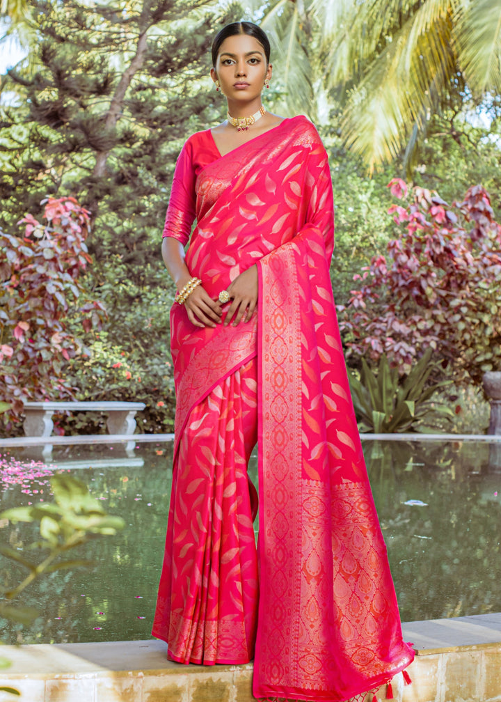 Hot Pink Zari Woven Silk Saree