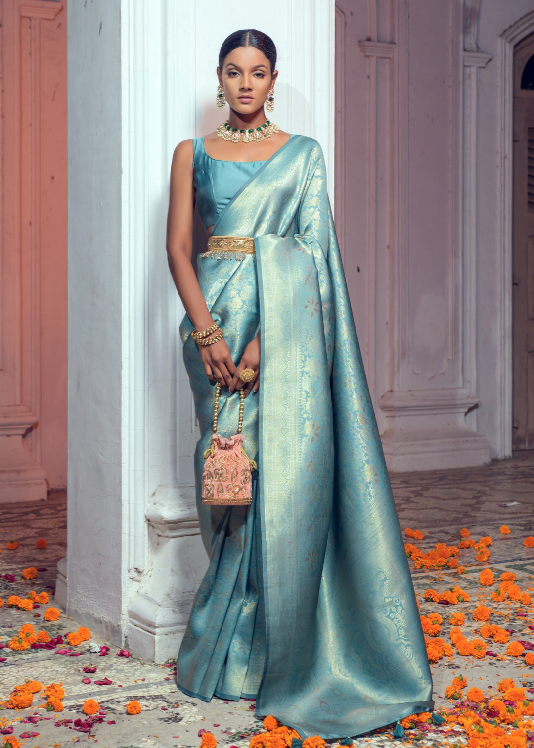 Arctic Blue Zari Woven Silk Saree