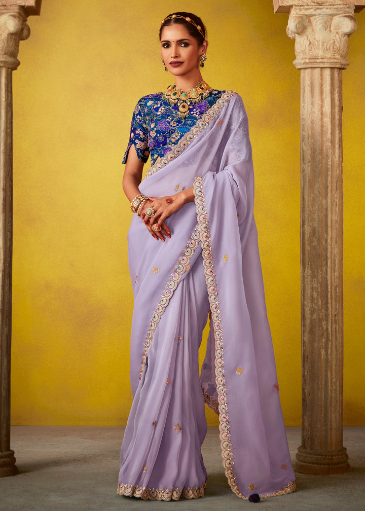 Mauve Purple Glass Tissue Silk Saree With Sequins And Thread Embroidered Work