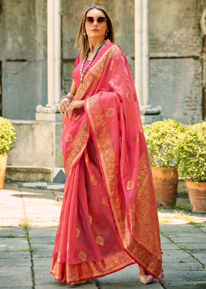 Coral Pink Soft Tissue Silk Saree With Contrast Border