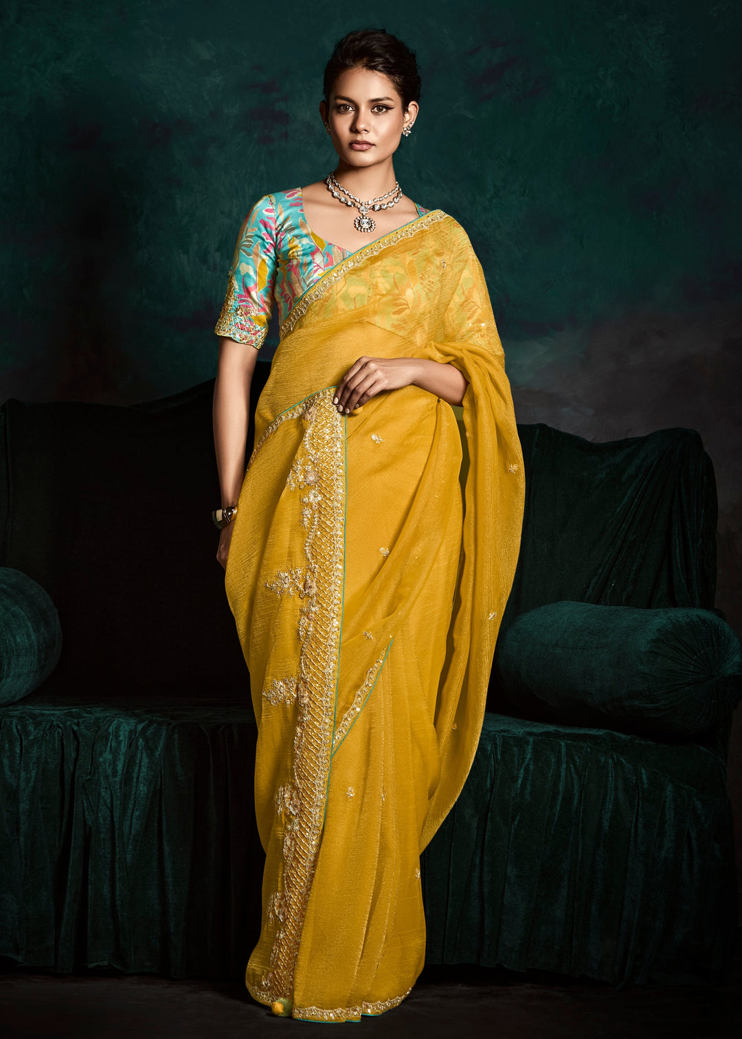 Sunflower Yellow Fancy Fabric Silk Saree With Sequins And Thread Embroidered Butti Work