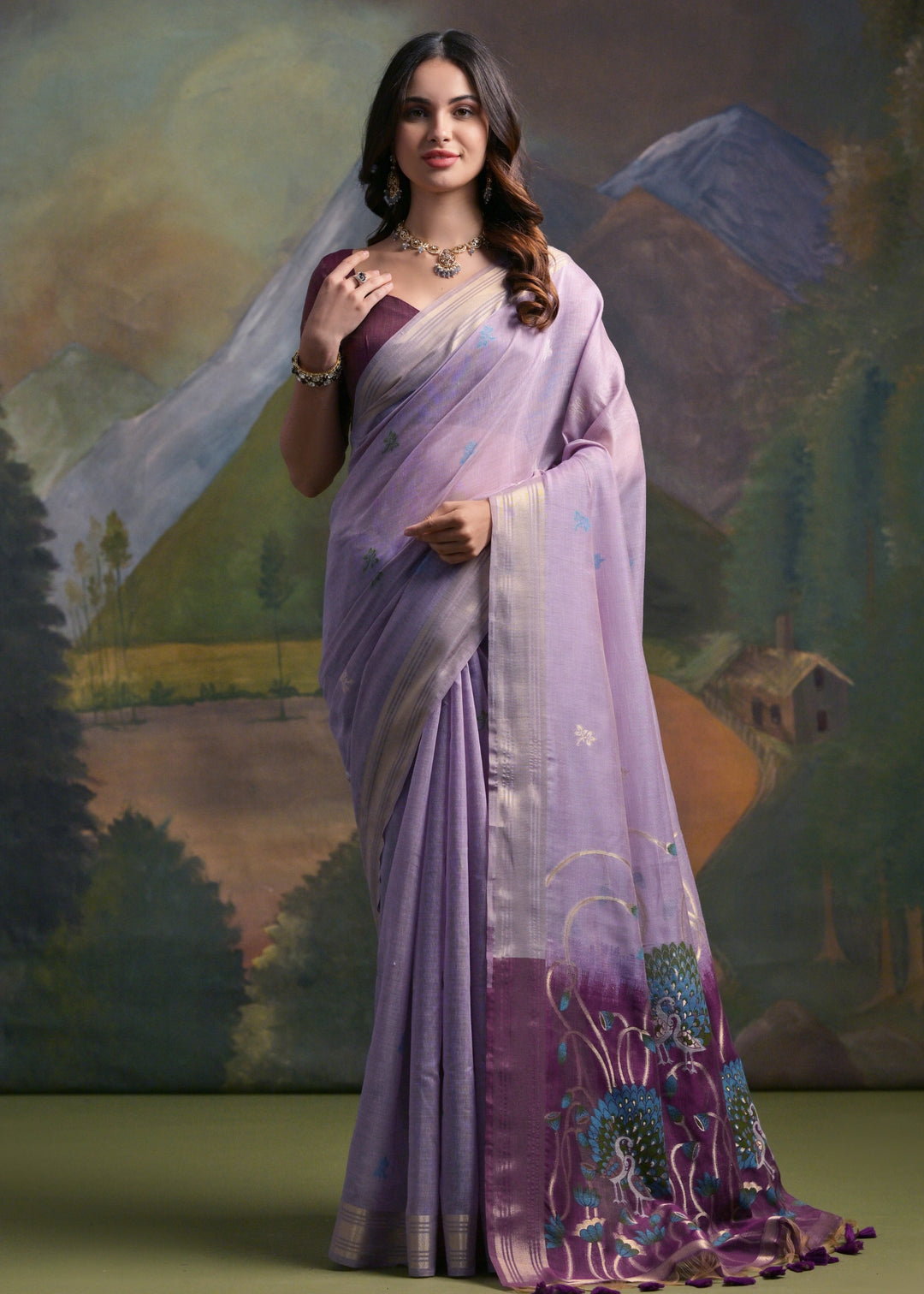 Lavender Purple Thread Woven Cotton Saree With Contrast Blouse And Pallu