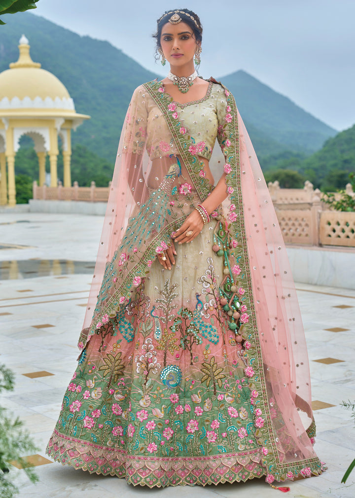 Pista Green and peach Viscose Tissue Lehenga Choli with Embroidery Work : Top Pick