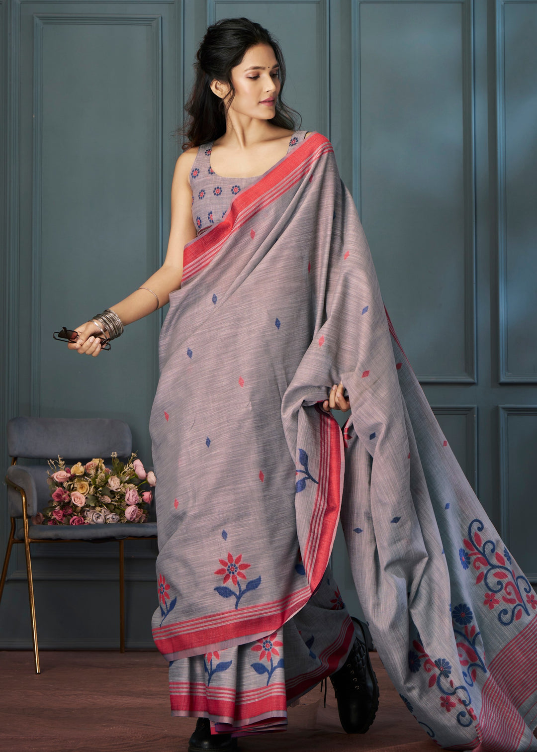 Smoke Grey Handloom Linen Silk Saree with Beautiful Weaving