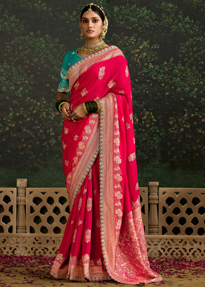 Pink and Teal Viscose silk Saree with zari work