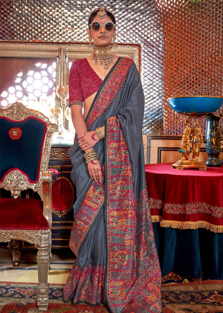 Slate Grey Silk Saree With Beautiful Print