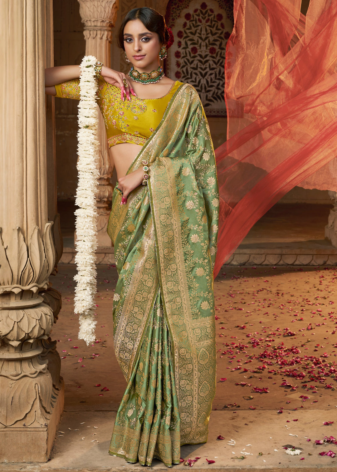 Paris Green Satin Silk Saree With Beautiful Lace Border And Heavy Designer Embroidered Blouse