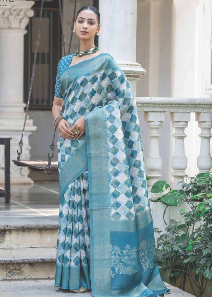 Azure Blue Woven Silk Saree with Contrast Pallu