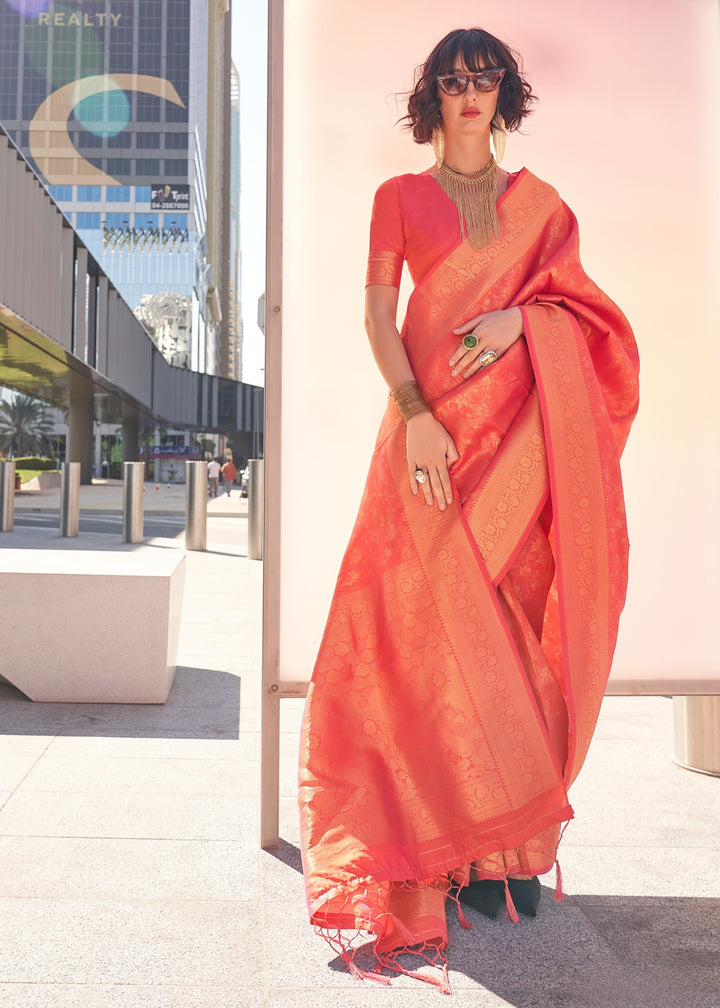 Peach Orange Handloom Weaving Saree