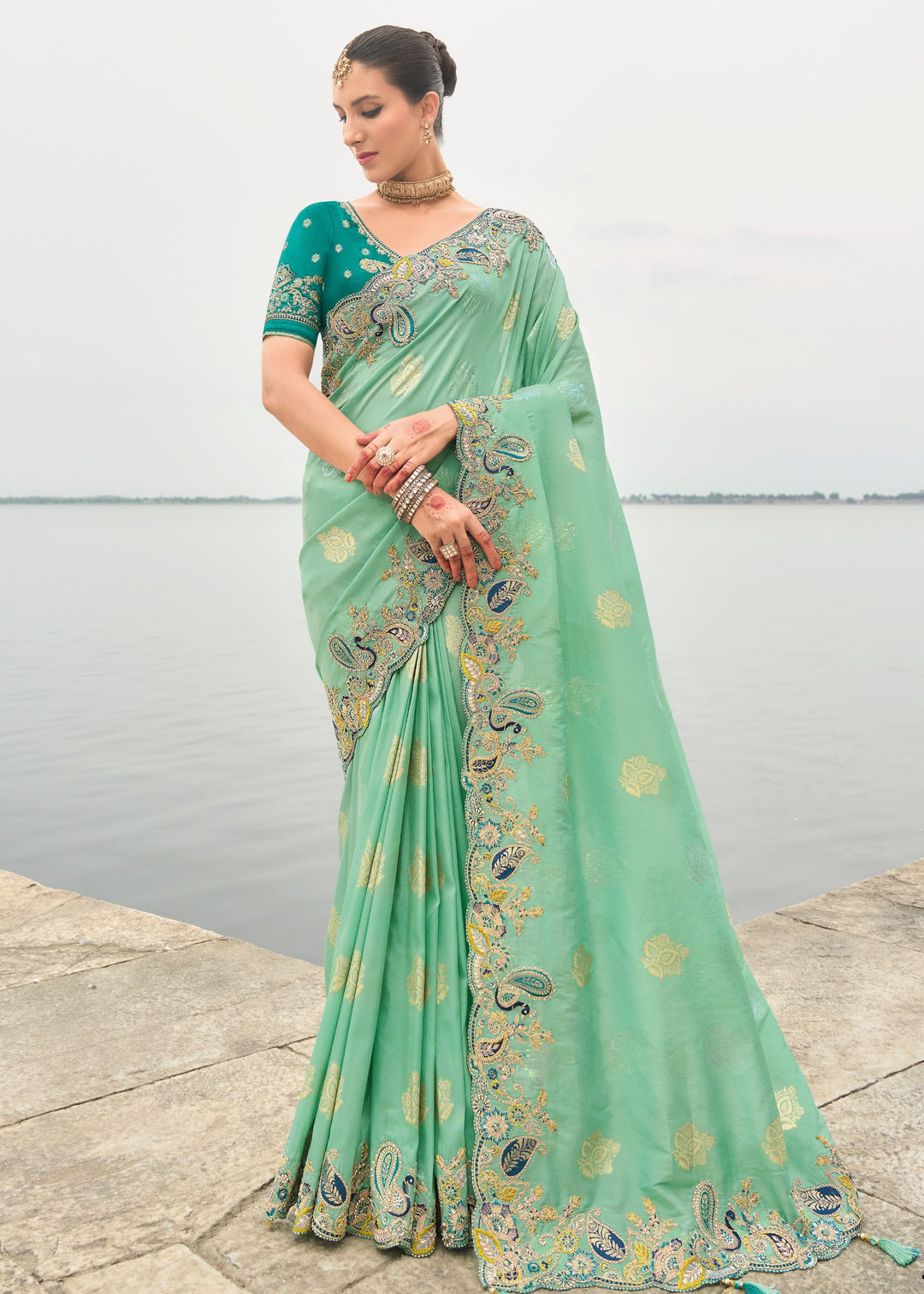 Mint Green Viscose Tissue Silk Saree With Embroidery Cut Work Border And Sequence Work