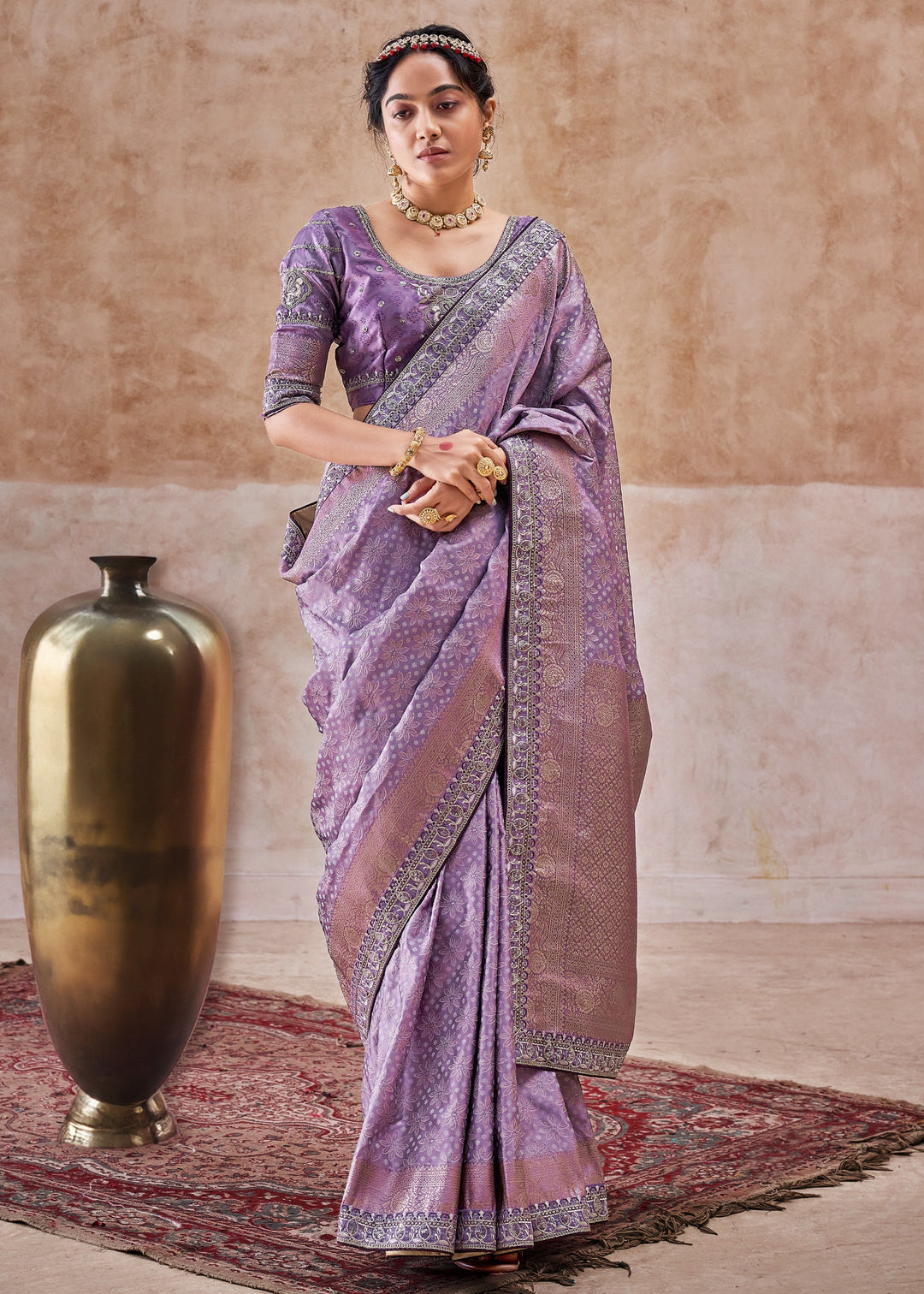 Dark Purple Satin Silk Saree With Heavy Embroidery Lace & Blouse