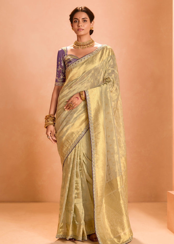 Golden Zari Tissue Silk Saree With Weaving Work And Heavy Embroidery Lace