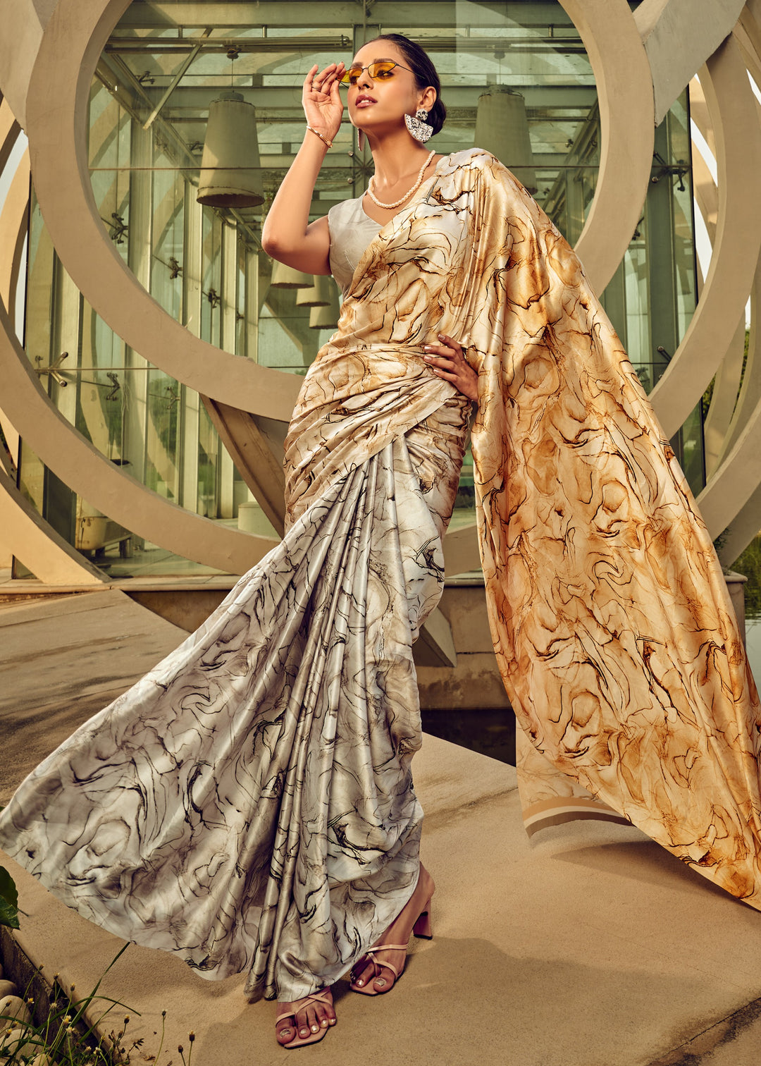 Off-White Satin Digital Printed Saree