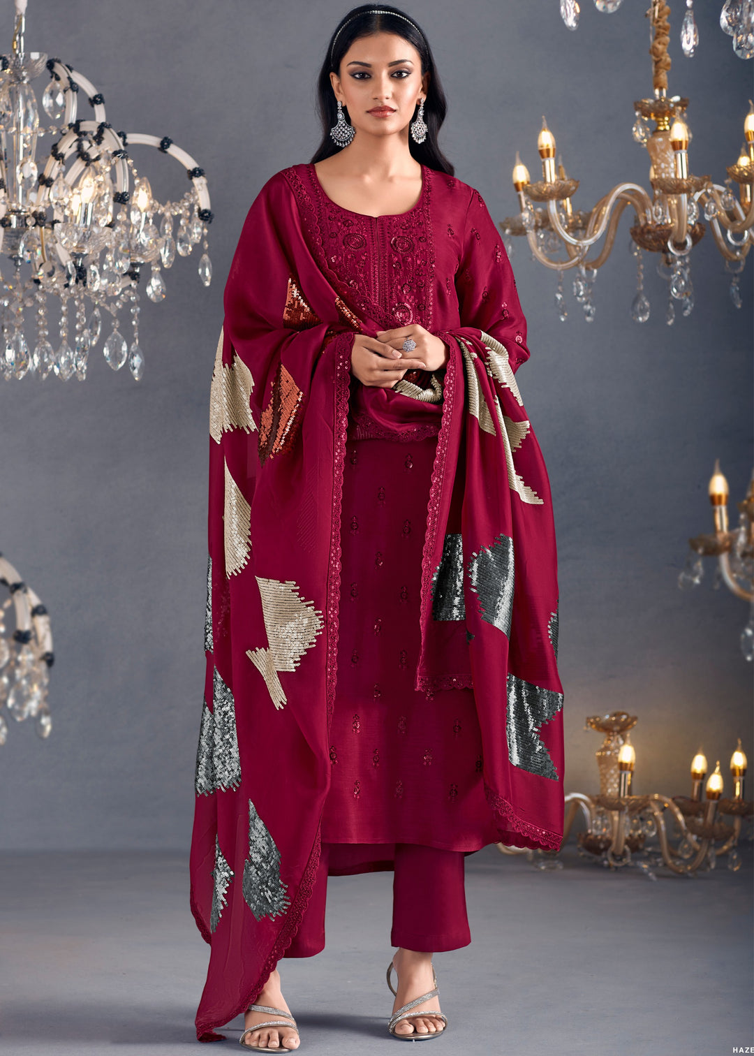 Red Hazel Russian Silk Sequins salwar suit