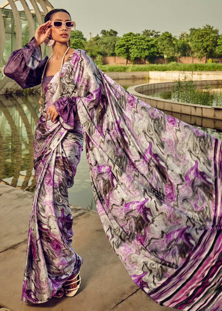 Purple Satin Digital Printed Saree