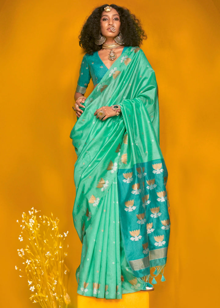 Seagreen Tussar Handloom Weaving Silk Saree