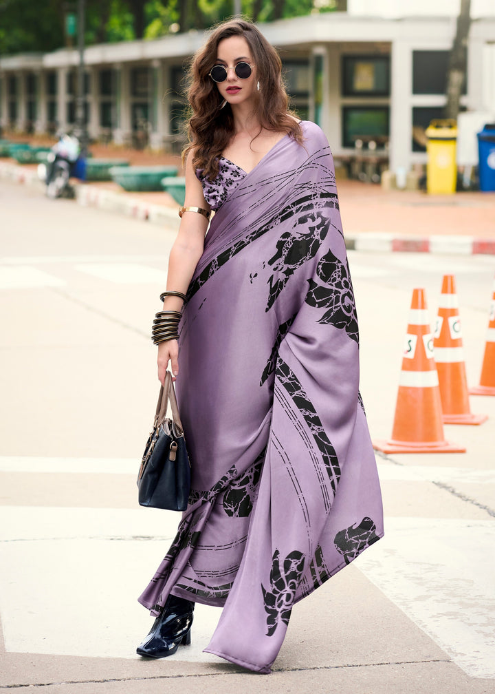 Perwinkle Purple Printed Satin Silk Saree