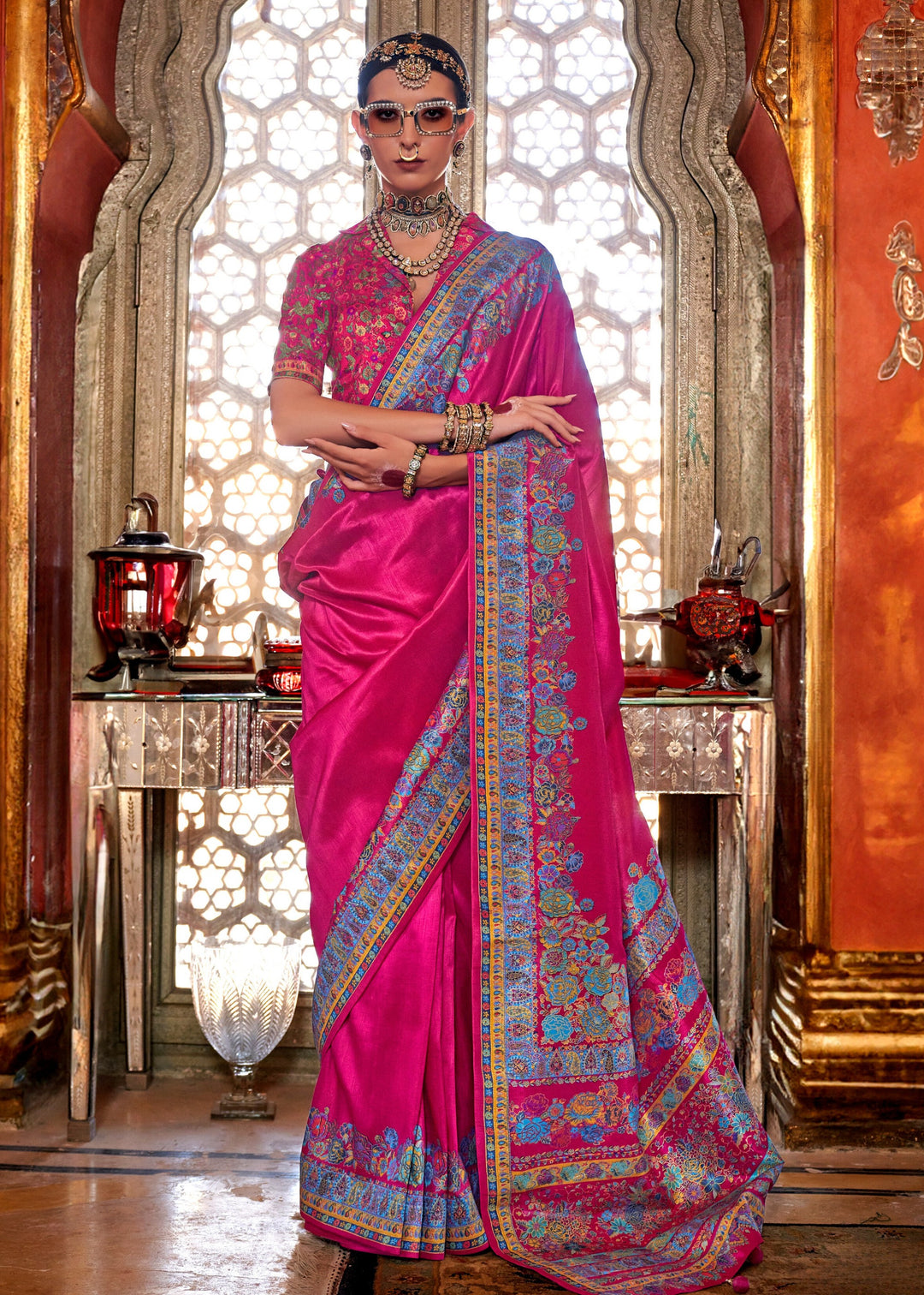 Fuchsia Pink Silk Saree With Luxury Print And Glory Finish