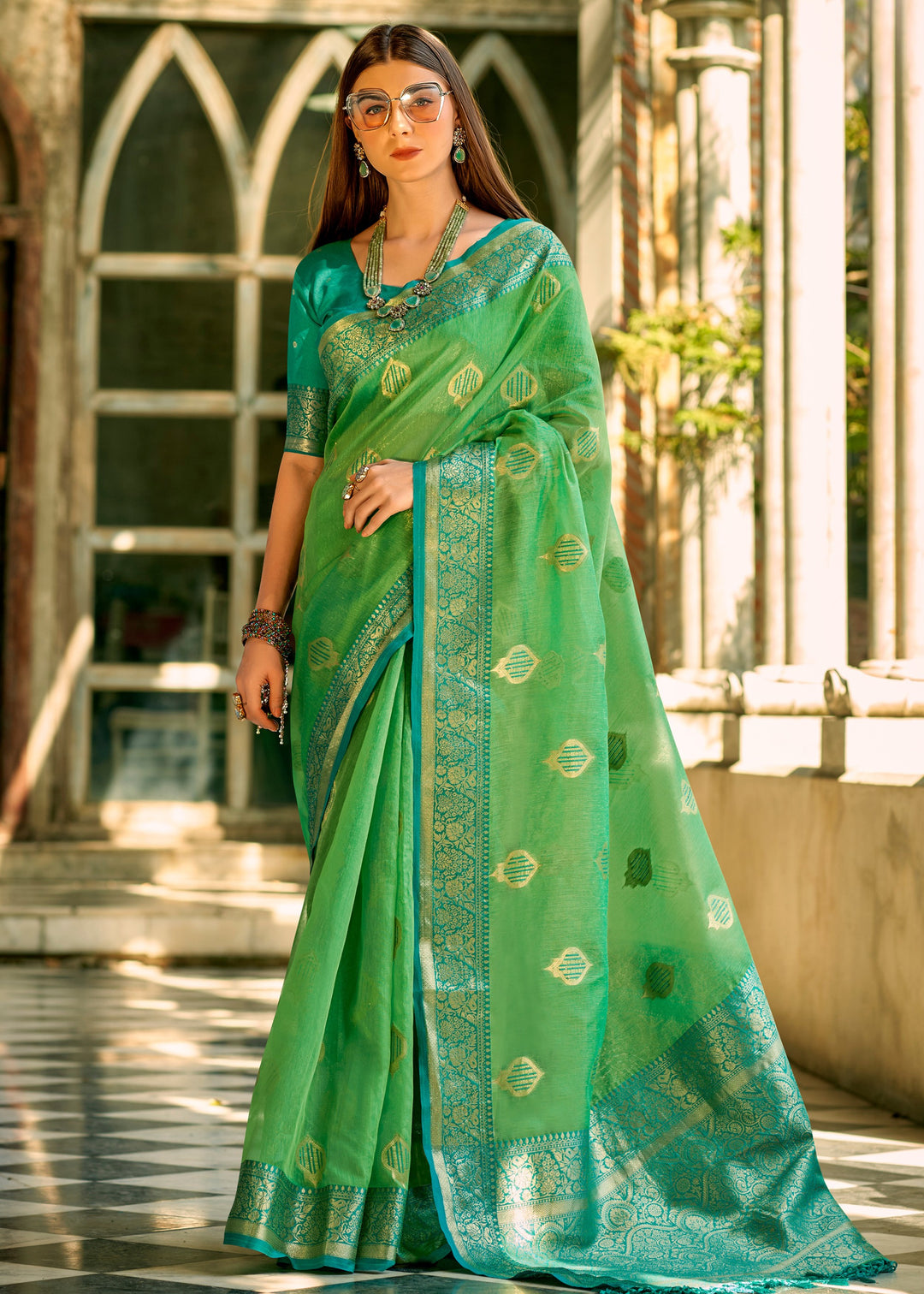 Dark Pastel Green Soft Tissue Silk Saree With Contrast Border