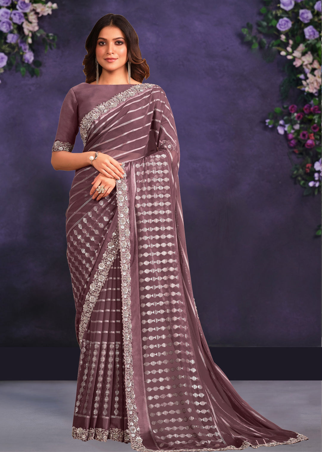 Mauve Purple Georgette Saree with Sequence & Cord Embroidered with Stone Work