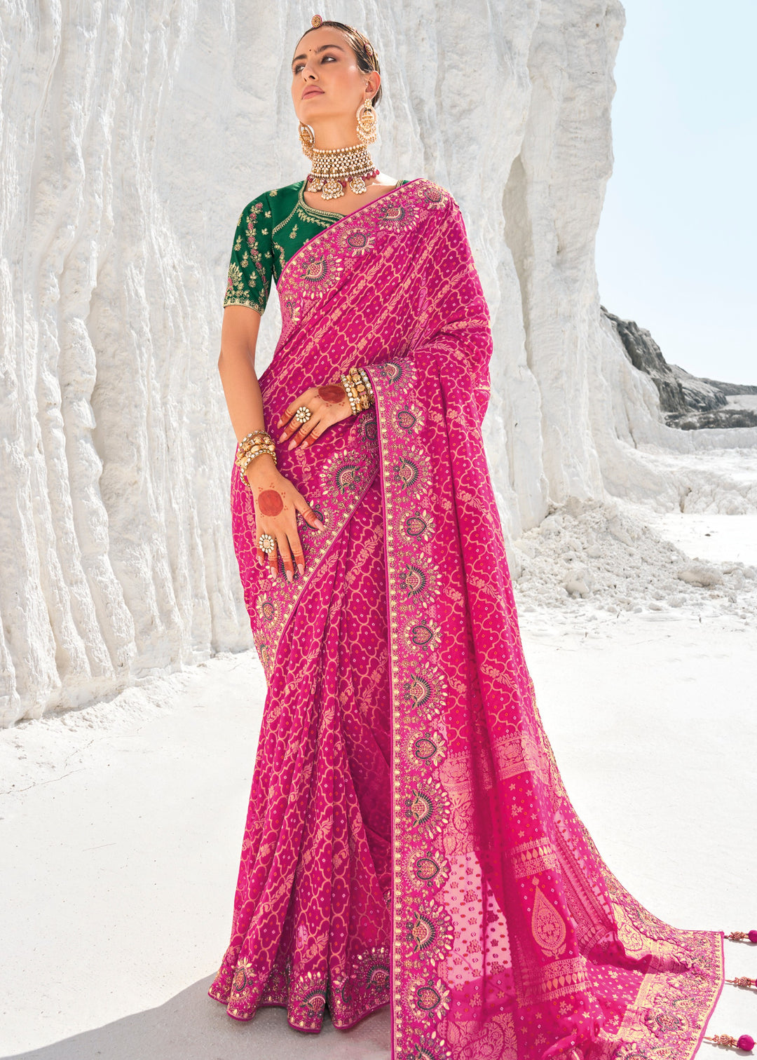 Wild Berry Pink Pure Georgette Bandhani Patola With Zari Weaving Heavy Work Saree