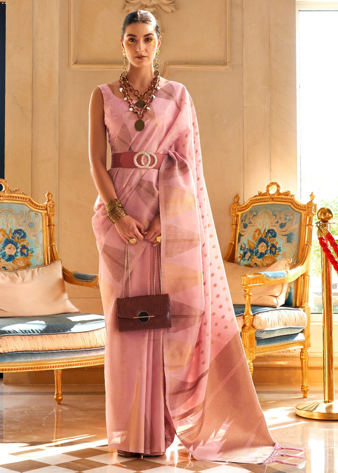 Carnation Pink Tissue and Khicha Zari Handloom Weaving Silk Saree