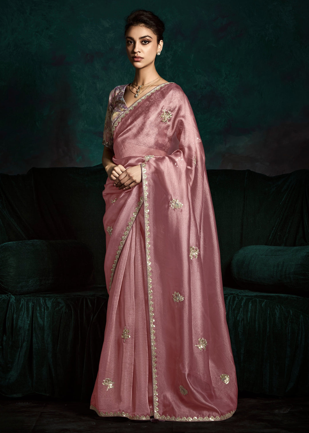 Pretty Pink Fancy Fabric Silk Saree With Sequins And Thread Embroidered Butti Work