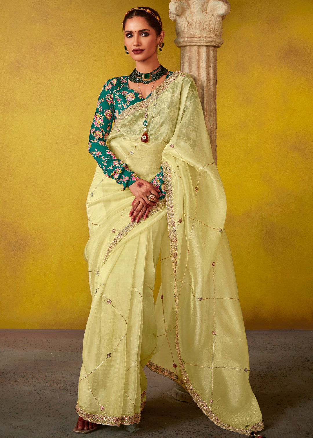 Lemon Yellow Glass Tissue Silk Saree With Sequins And Thread Embroidered Work