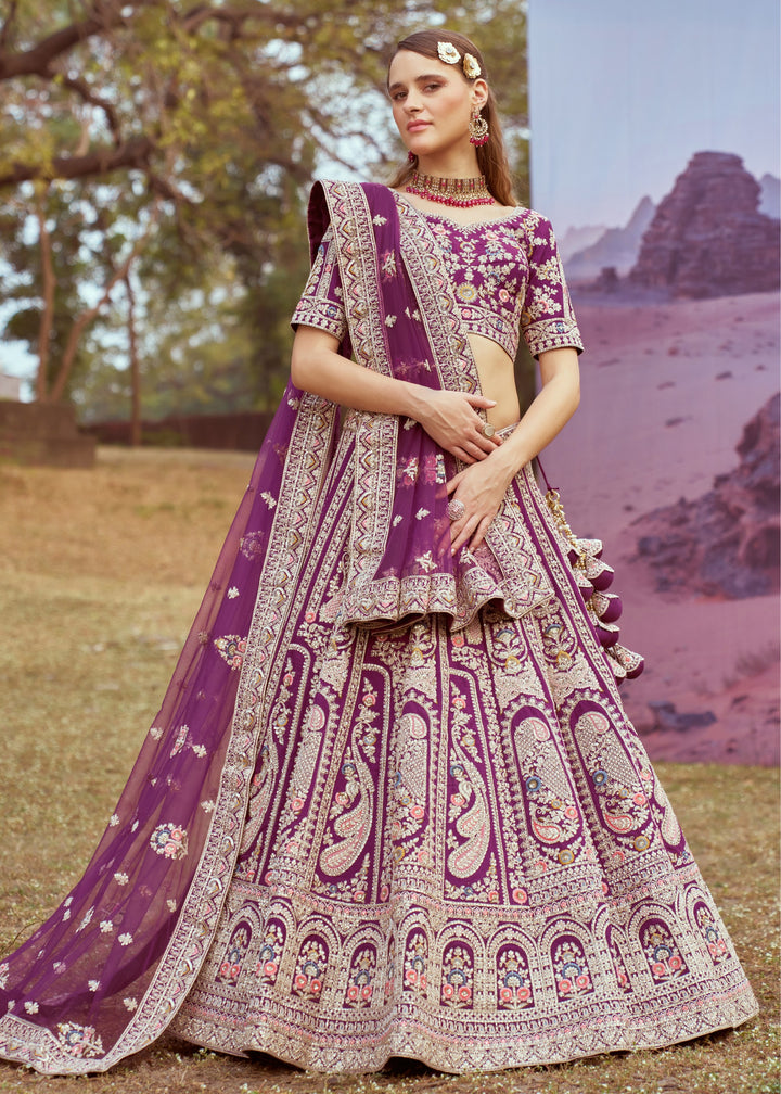 Dark Purple Pure silk Moti, Coding embroidery Bridal Lehenga